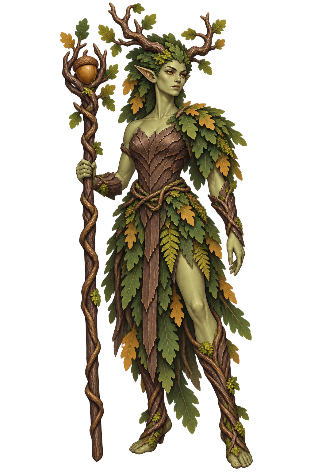 Full concept art of Briar, a green dryad with branching antlers and a leafy wooden staff