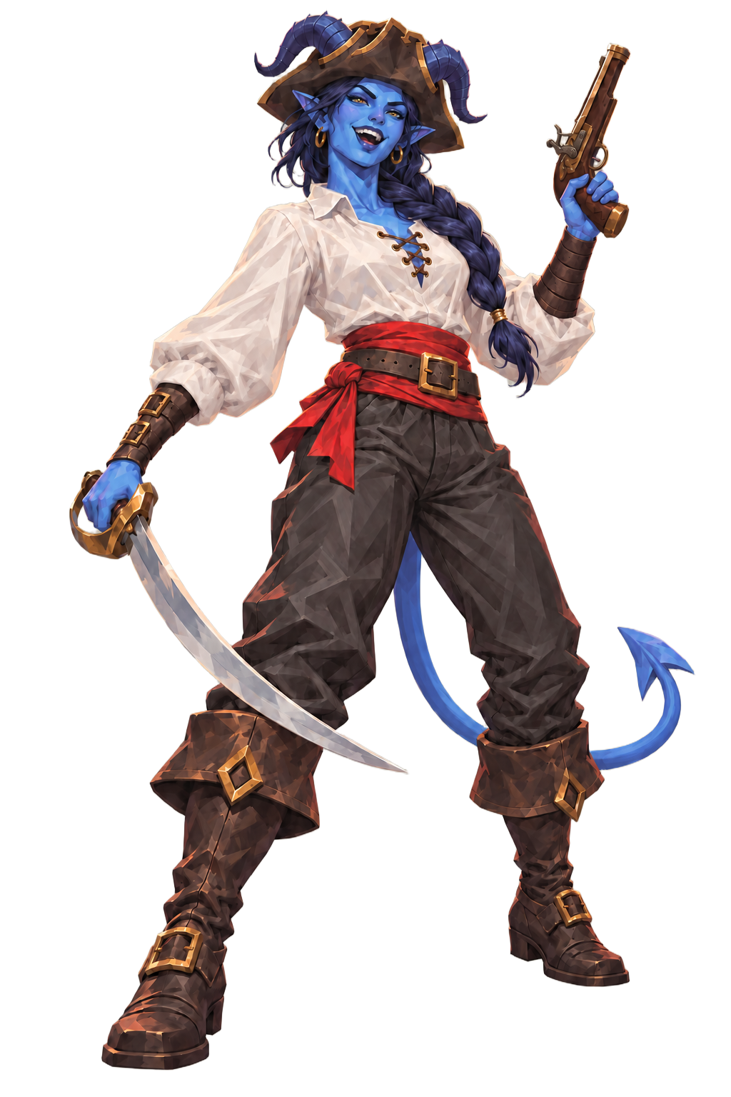 Full concept art of Malice, a blue-skinned pirate with a pistol, sword, and long curling tail